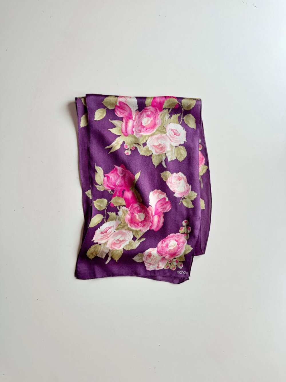 Vintage ECHO Purple Pink Floral Print Silk Charmeuse 59" x 9.5" Rectangle Scarf